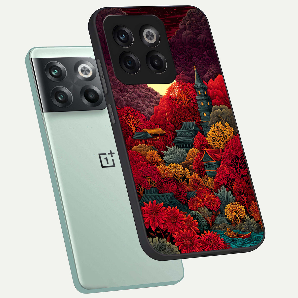  Scarlet Autumn Temple phone case For OnePlus 10T showing premium glass back cover with detailed artwork