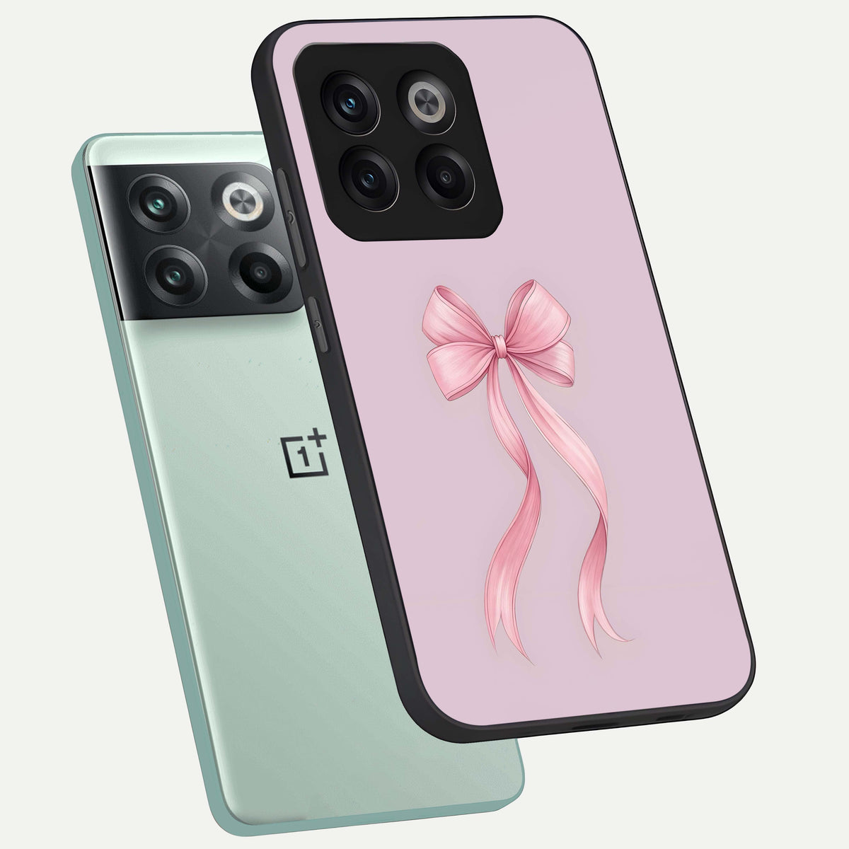  Soft Blush Bow phone case For OnePlus 10T showing premium glass back cover with detailed artwork