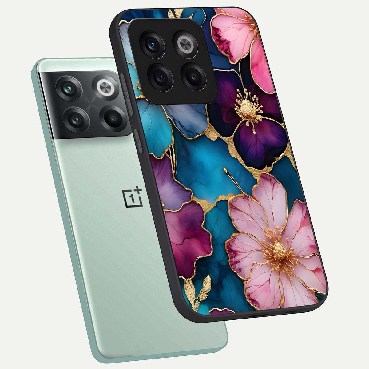  Sparkle Floral phone case For OnePlus 10T showing premium glass back cover with detailed artwork