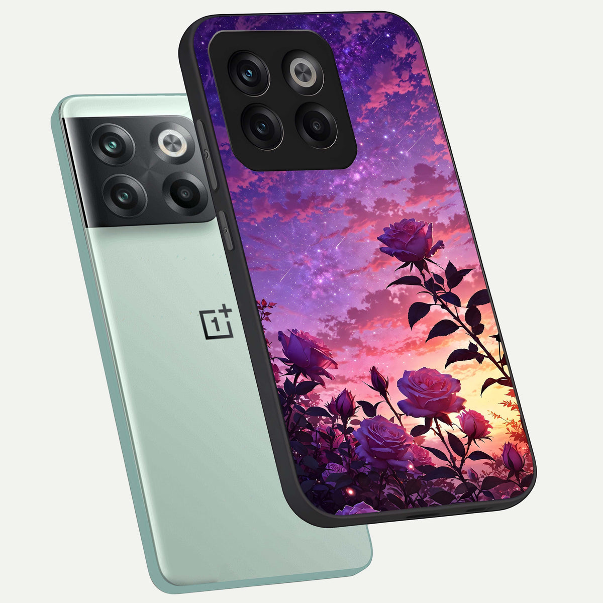  Starlit Rose Twilight phone case For OnePlus 10T showing premium glass back cover with detailed artwork