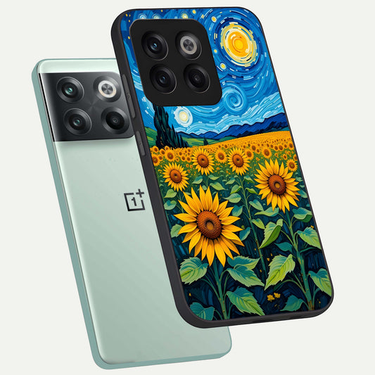  Starry Sunflower Dreams phone case For OnePlus 10T showing premium glass back cover with detailed artwork