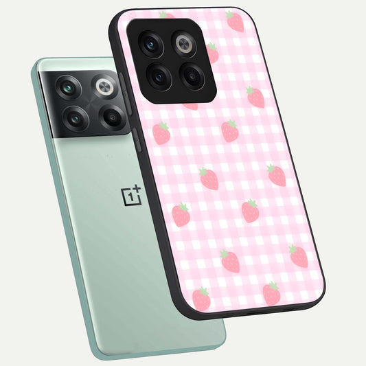  Strawberry Picnic Love phone case For OnePlus 10T showing premium glass back cover with detailed artwork
