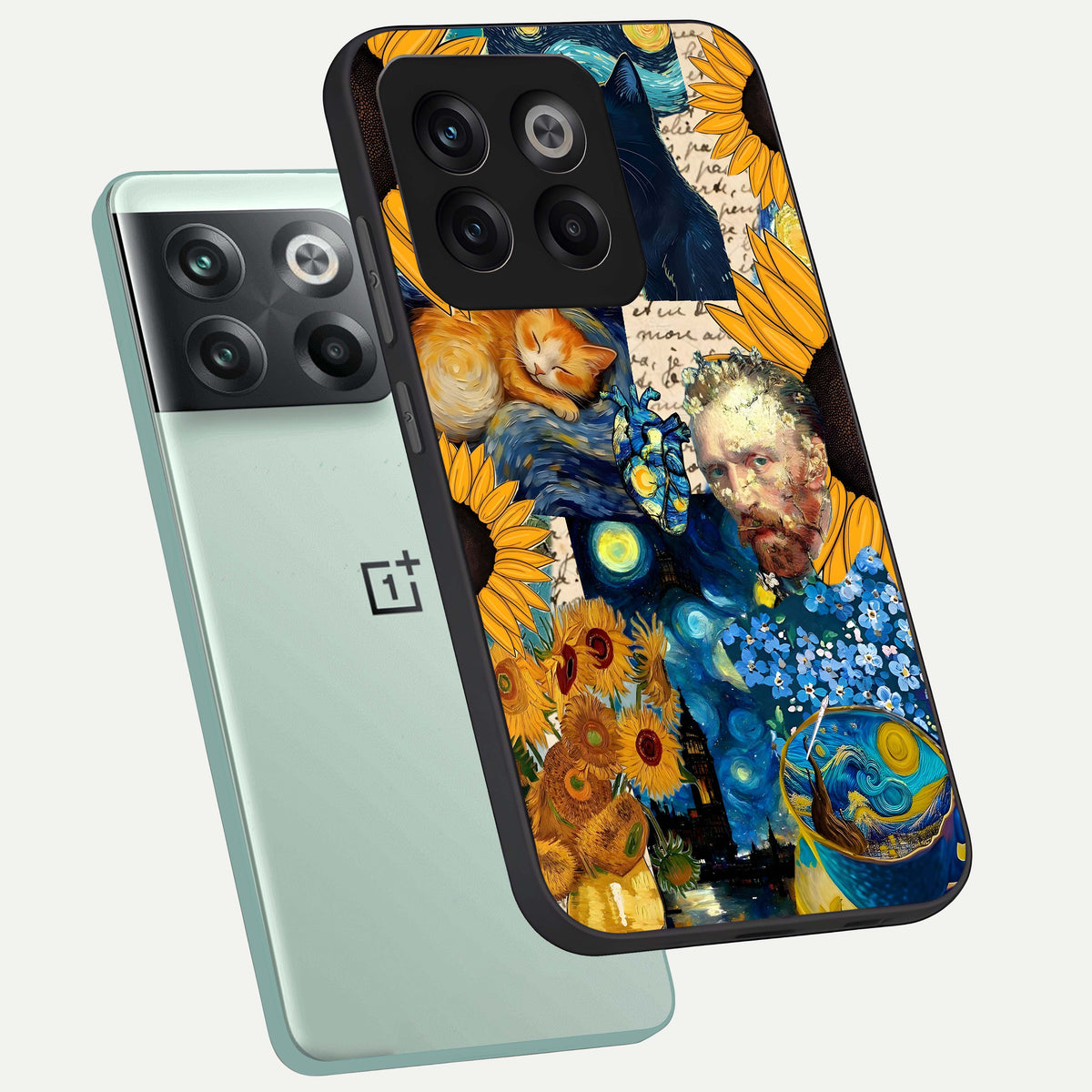  Sunflower Chic Mood Custom Name phone case For OnePlus 10T showing premium glass back cover with detailed artwork