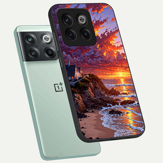  Sunset House By Sea phone case For OnePlus 10T showing premium glass back cover with detailed artwork