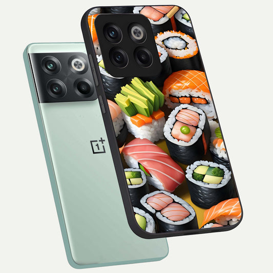  Sushi Food Pattern phone case For OnePlus 10T showing premium glass back cover with detailed artwork