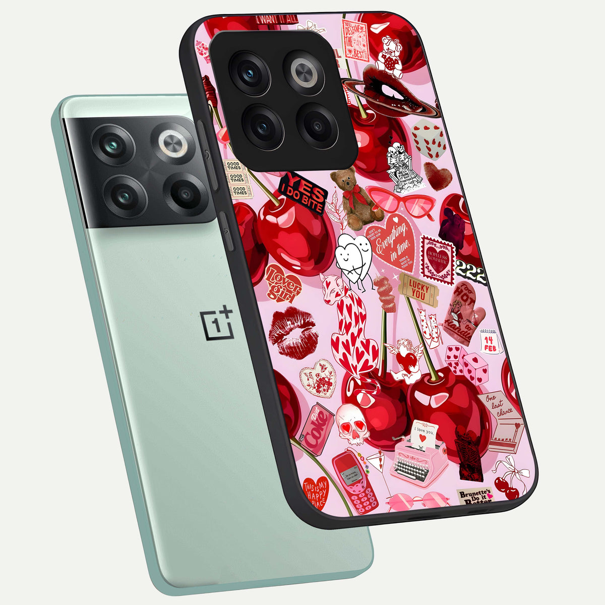  Sweet Cherry Chaos phone case For OnePlus 10T showing premium glass back cover with detailed artwork