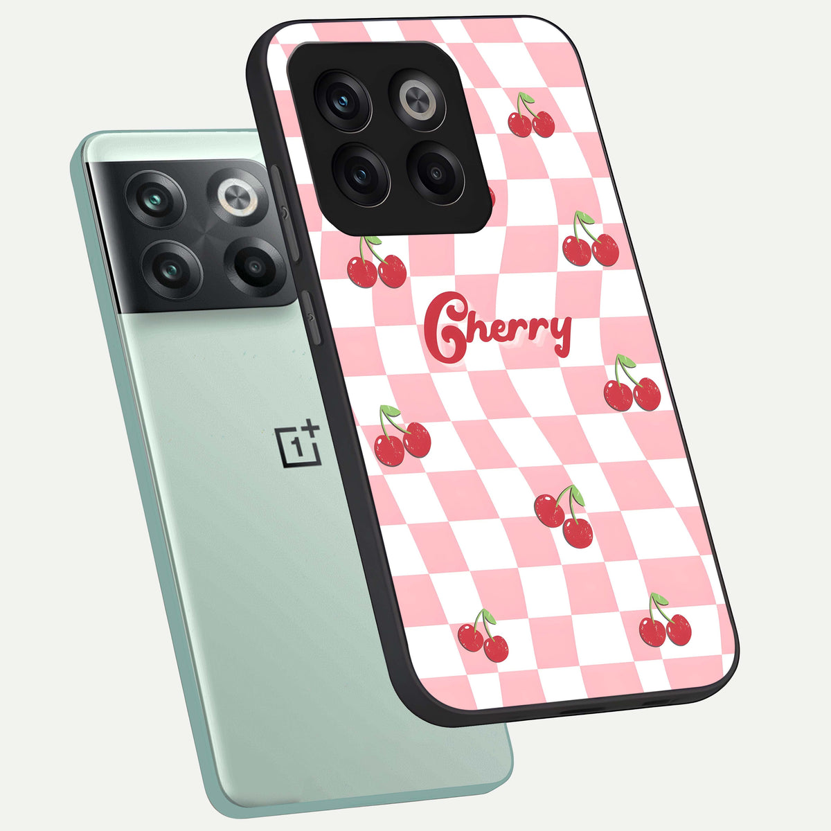  Sweet Cherry Vibes phone case For OnePlus 10T showing premium glass back cover with detailed artwork