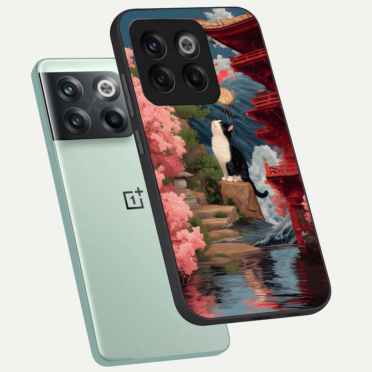  Temple Cat Scenery phone case For OnePlus 10T showing premium glass back cover with detailed artwork