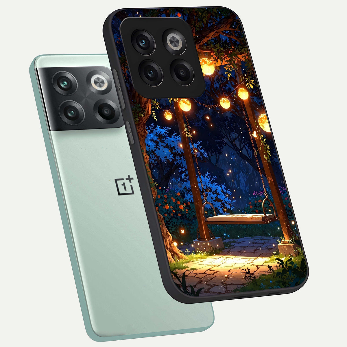  Twilight Garden Swing phone case For OnePlus 10T showing premium glass back cover with detailed artwork