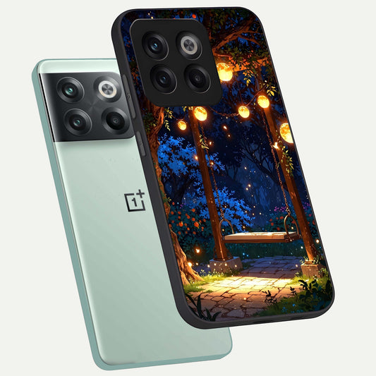  Twilight Garden Swing phone case For OnePlus 10T showing premium glass back cover with detailed artwork