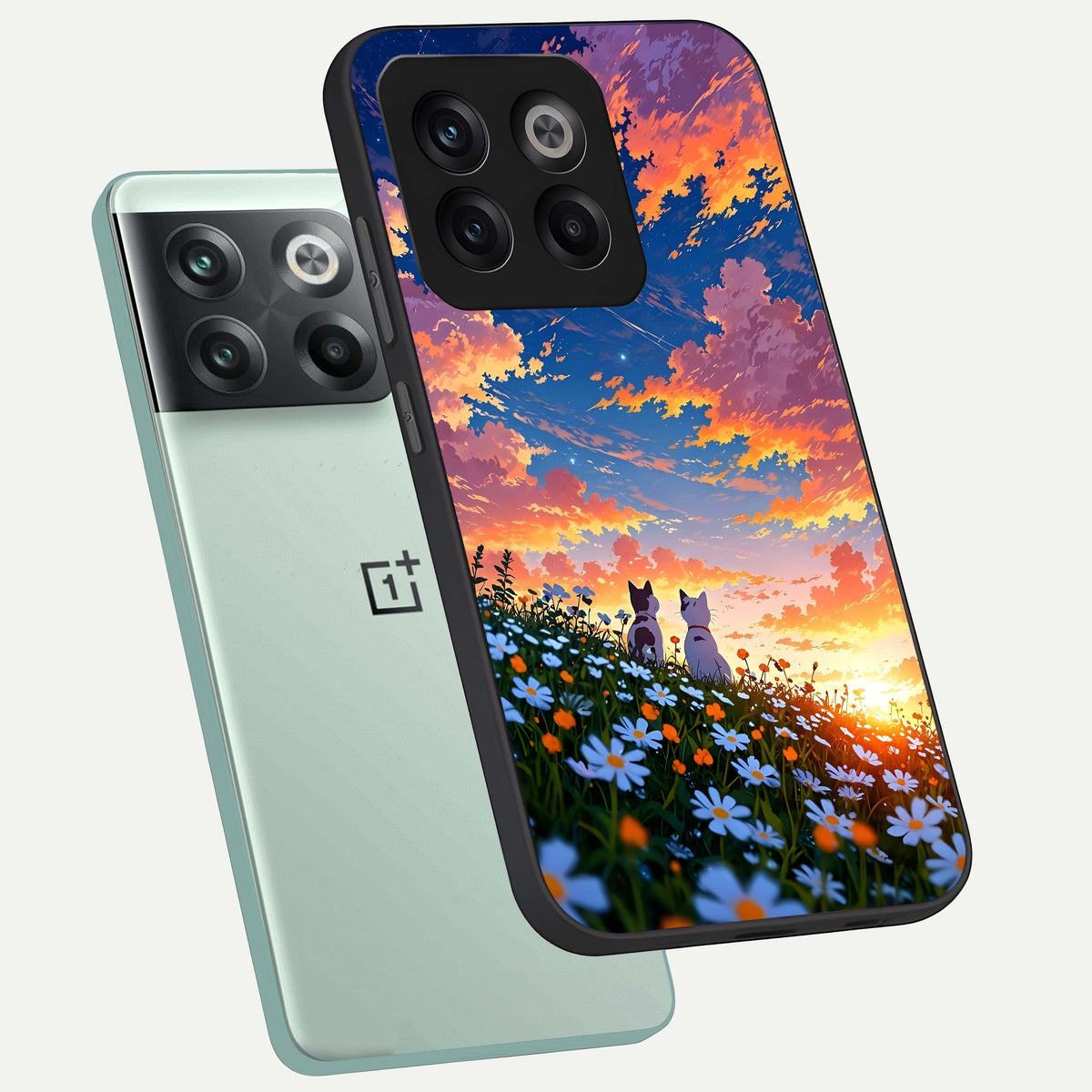  Two Cats Friends phone case For OnePlus 10T showing premium glass back cover with detailed artwork