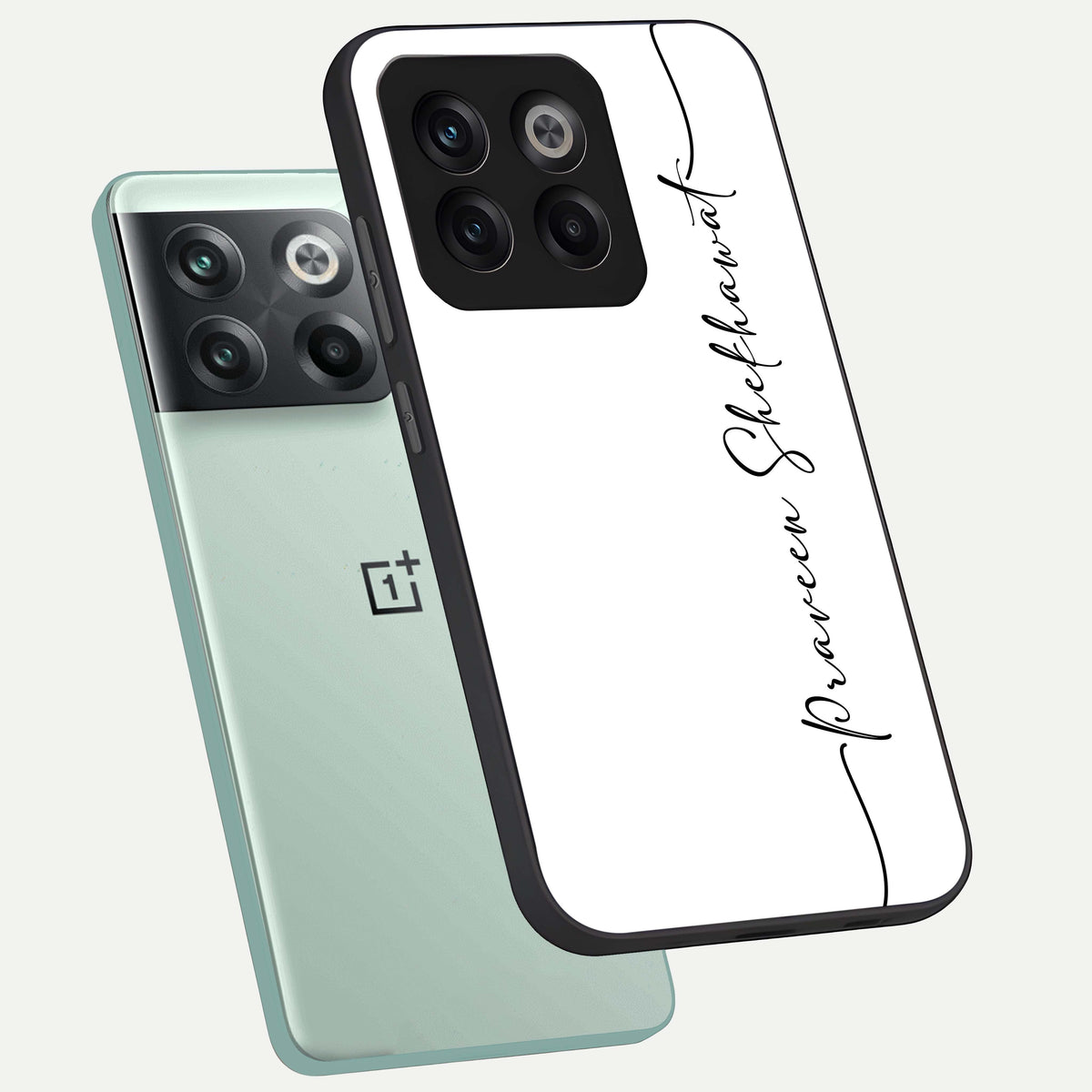  White Tune Custom Name phone case For OnePlus 10T showing premium custom name glass back cover