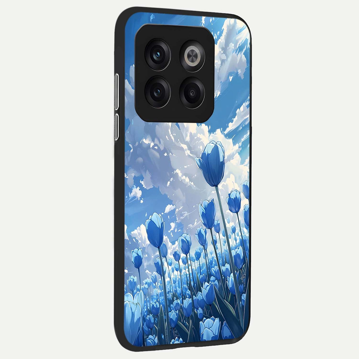  Blue Tulip Clouds back cover For OnePlus 10T slim fit glass case with vibrant aesthetic design