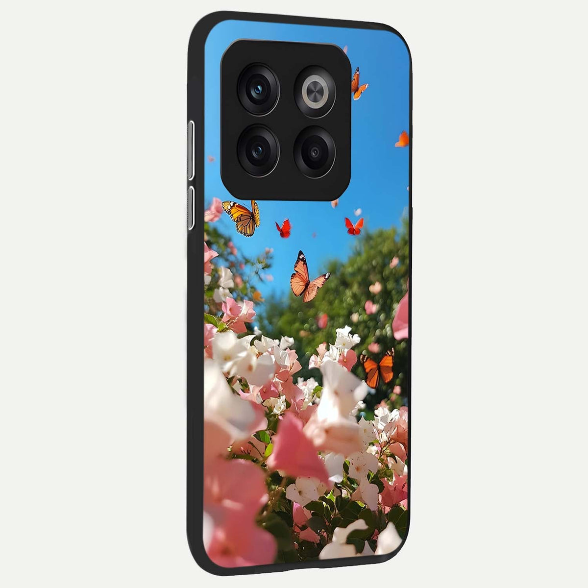  Butterflies In Bloom Sky back cover For OnePlus 10T slim fit glass case with vibrant aesthetic design