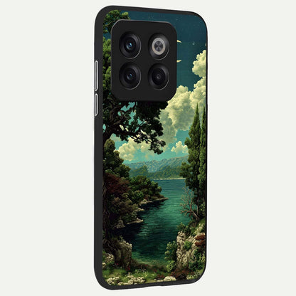  Celestial Lake Peace back cover For OnePlus 10T slim fit glass case with vibrant aesthetic design