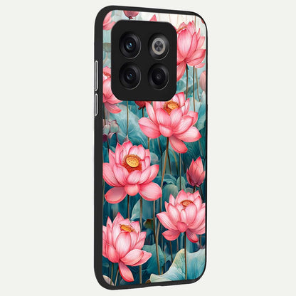  Celestial Pink Lotus back cover For OnePlus 10T slim fit glass case with vibrant aesthetic design