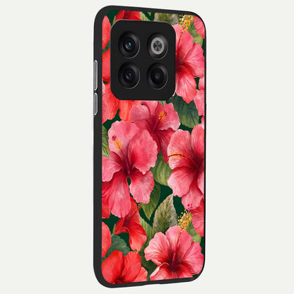  Hibiscus Pattern back cover For OnePlus 10T slim fit glass case with vibrant aesthetic design