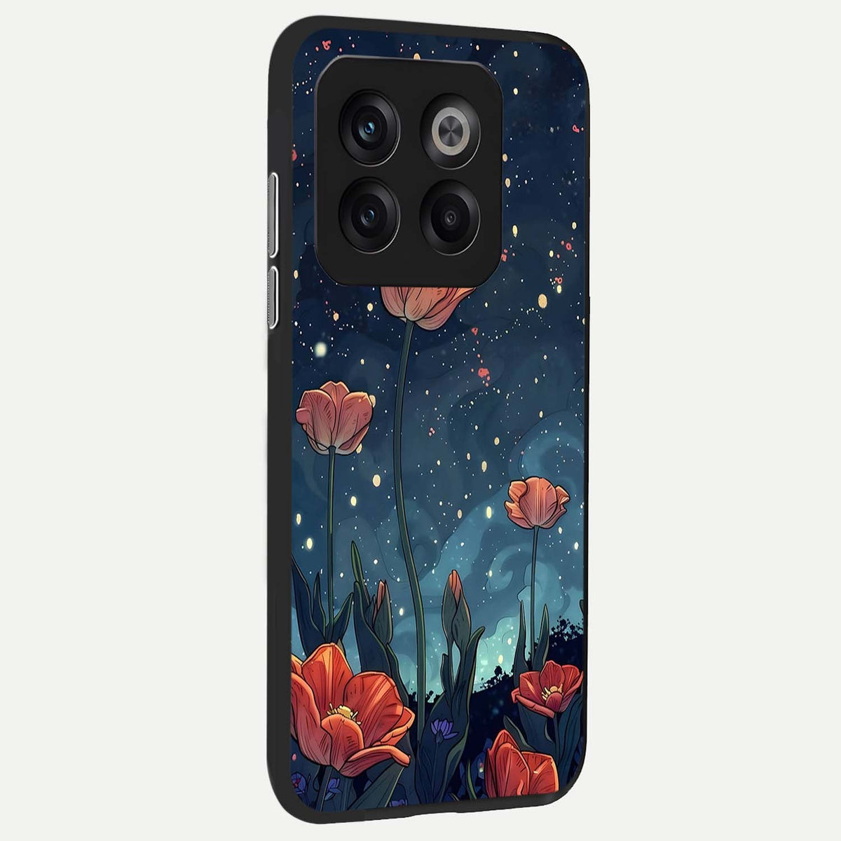  Midnight Tulip Glow back cover For OnePlus 10T slim fit glass case with vibrant aesthetic design