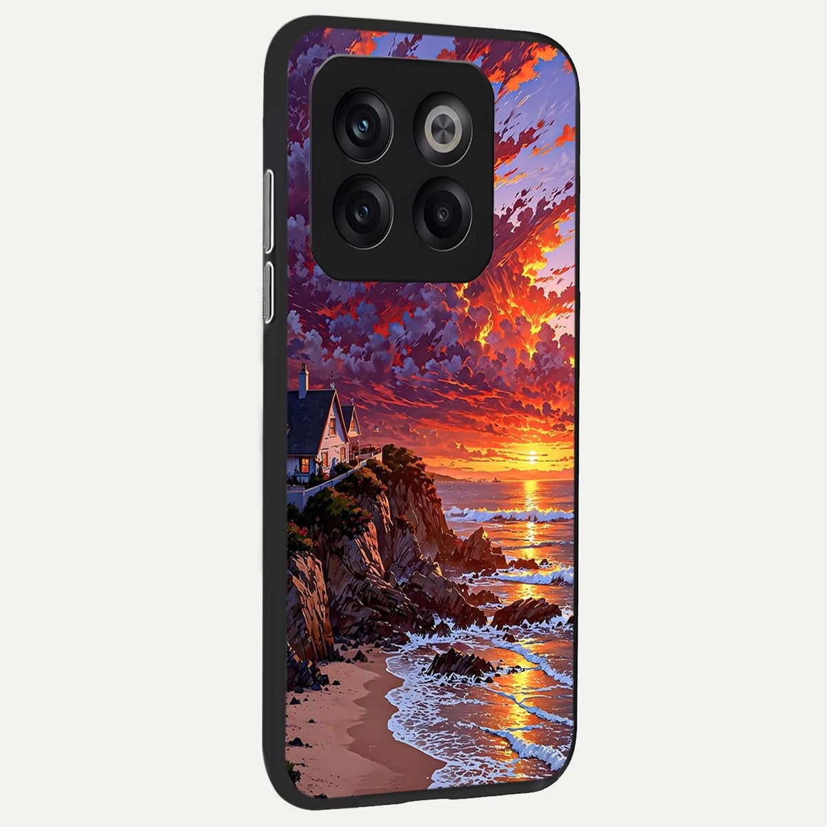  Sunset House By Sea back cover For OnePlus 10T slim fit glass case with vibrant aesthetic design