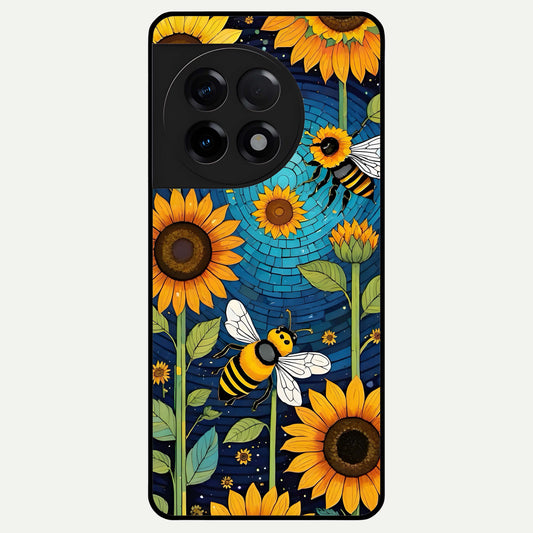 Bees And Sunflowers Glass Case For OnePlus 11R back cover – full design glossy printed glass finish