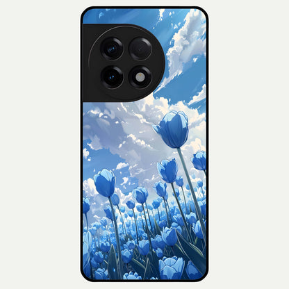  Blue Tulip Clouds Glass Case For OnePlus 11R back cover – full design glossy printed glass finish