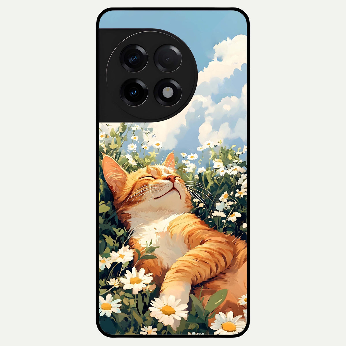  Cat And Flowers View Glass Case For OnePlus 11R back cover – full design glossy printed glass finish