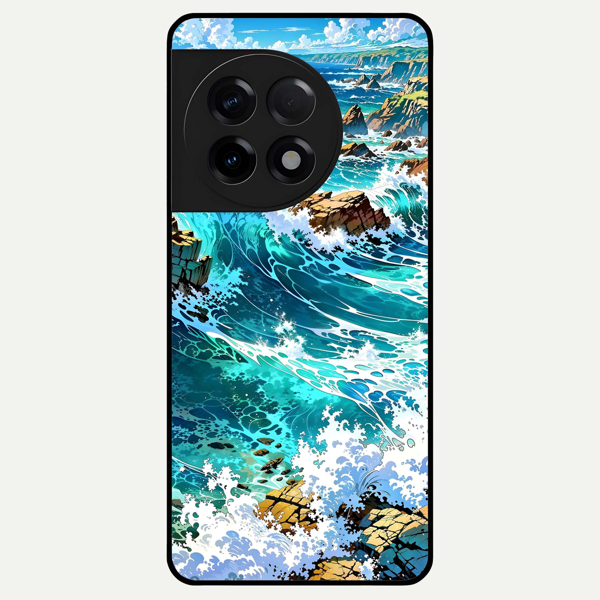  Coastal Blue Waves Glass Case For OnePlus 11R back cover – full design glossy printed glass finish