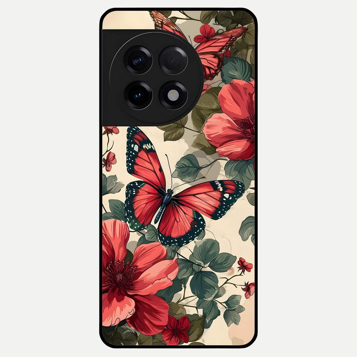 Crimson Butterfly Garden Glass Case For OnePlus 11R back cover – full design glossy printed glass finish