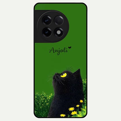  Emerald Cat Custom Name Glass Case For OnePlus 11R back cover – full design glossy printed glass finish