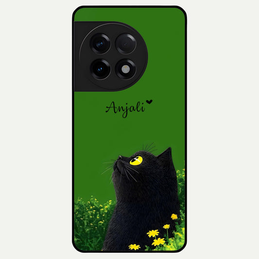  Emerald Cat Custom Name Glass Case For OnePlus 11R back cover – full design glossy printed glass finish