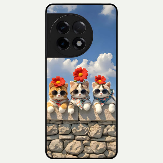  Floral Kitty Squad Glass Case For OnePlus 11R back cover – full design glossy printed glass finish