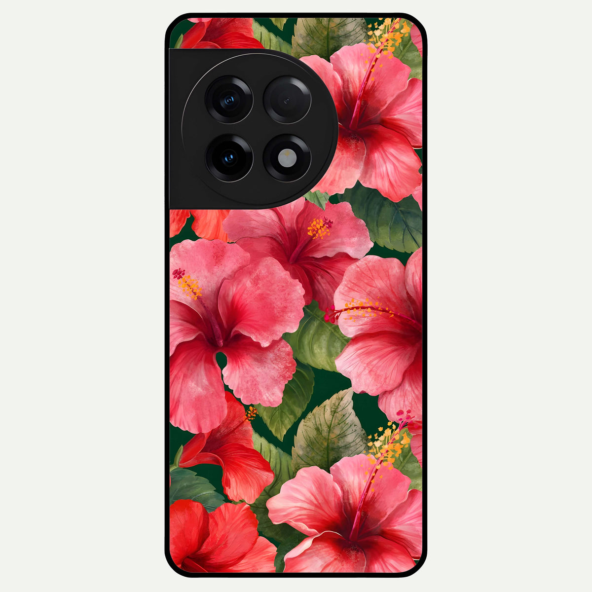  Hibiscus Pattern Glass Case For OnePlus 11R back cover – full design glossy printed glass finish