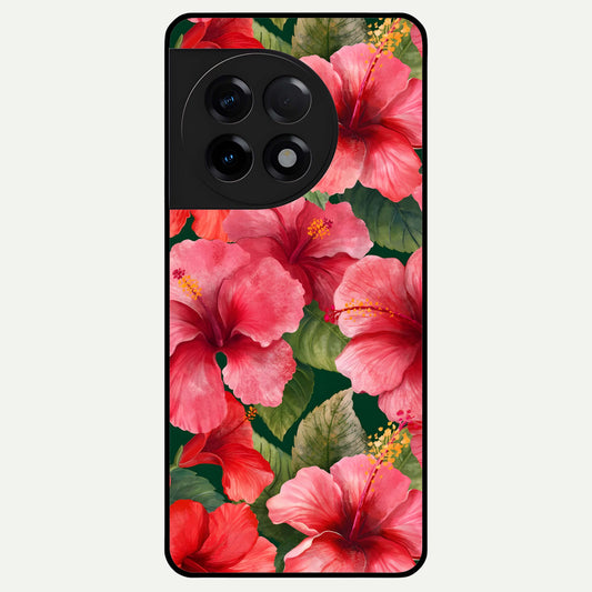  Hibiscus Pattern Glass Case For OnePlus 11R back cover – full design glossy printed glass finish