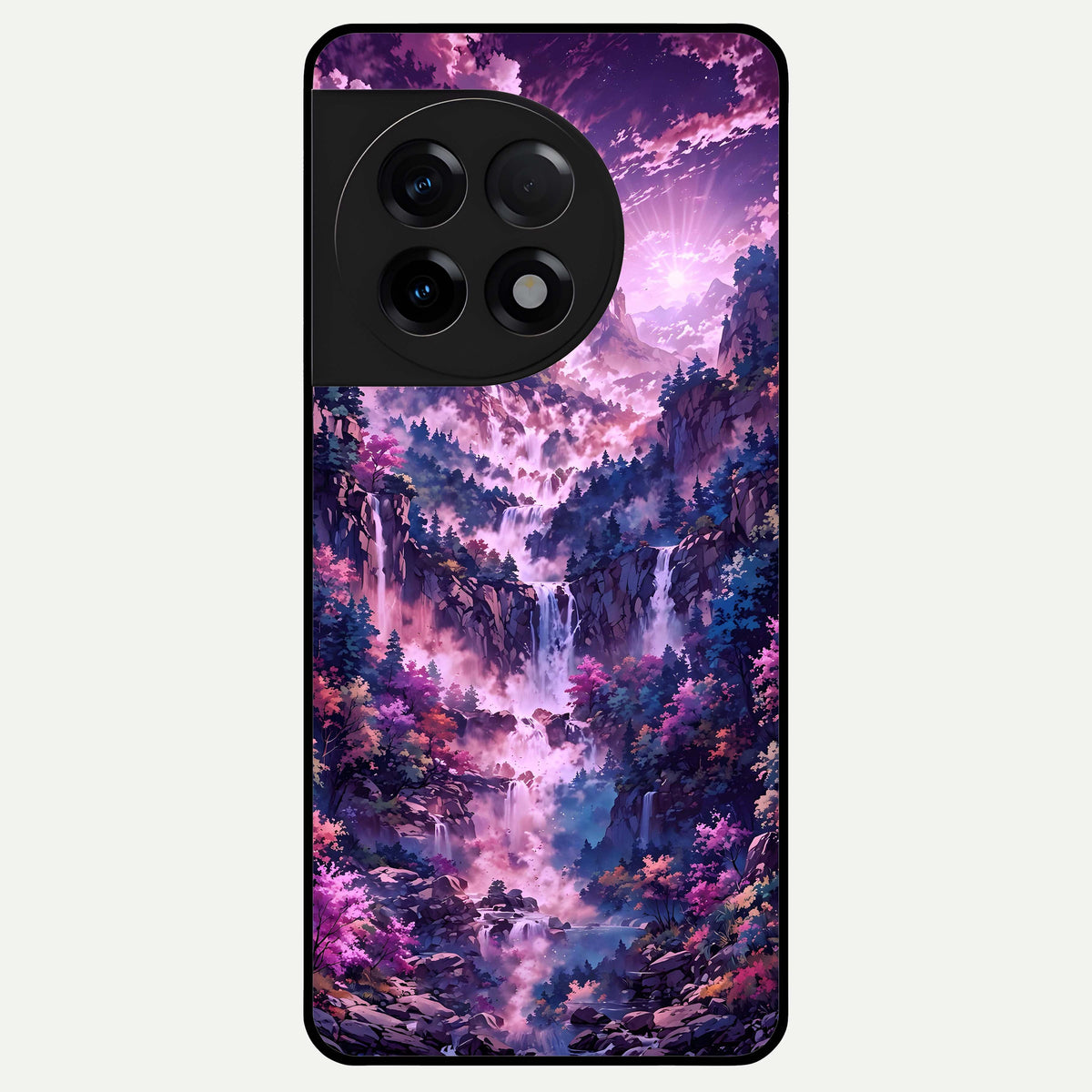  Mystic Cascade Peaks Glass Case For OnePlus 11R back cover – full design glossy printed glass finish