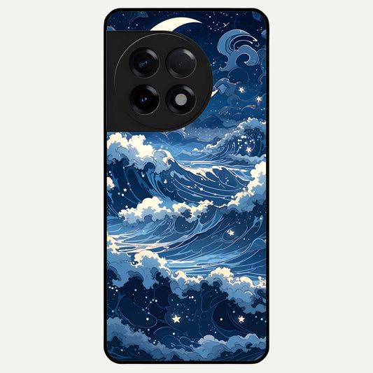  Ocean Moon Waves Glass Case For OnePlus 11R back cover – full design glossy printed glass finish