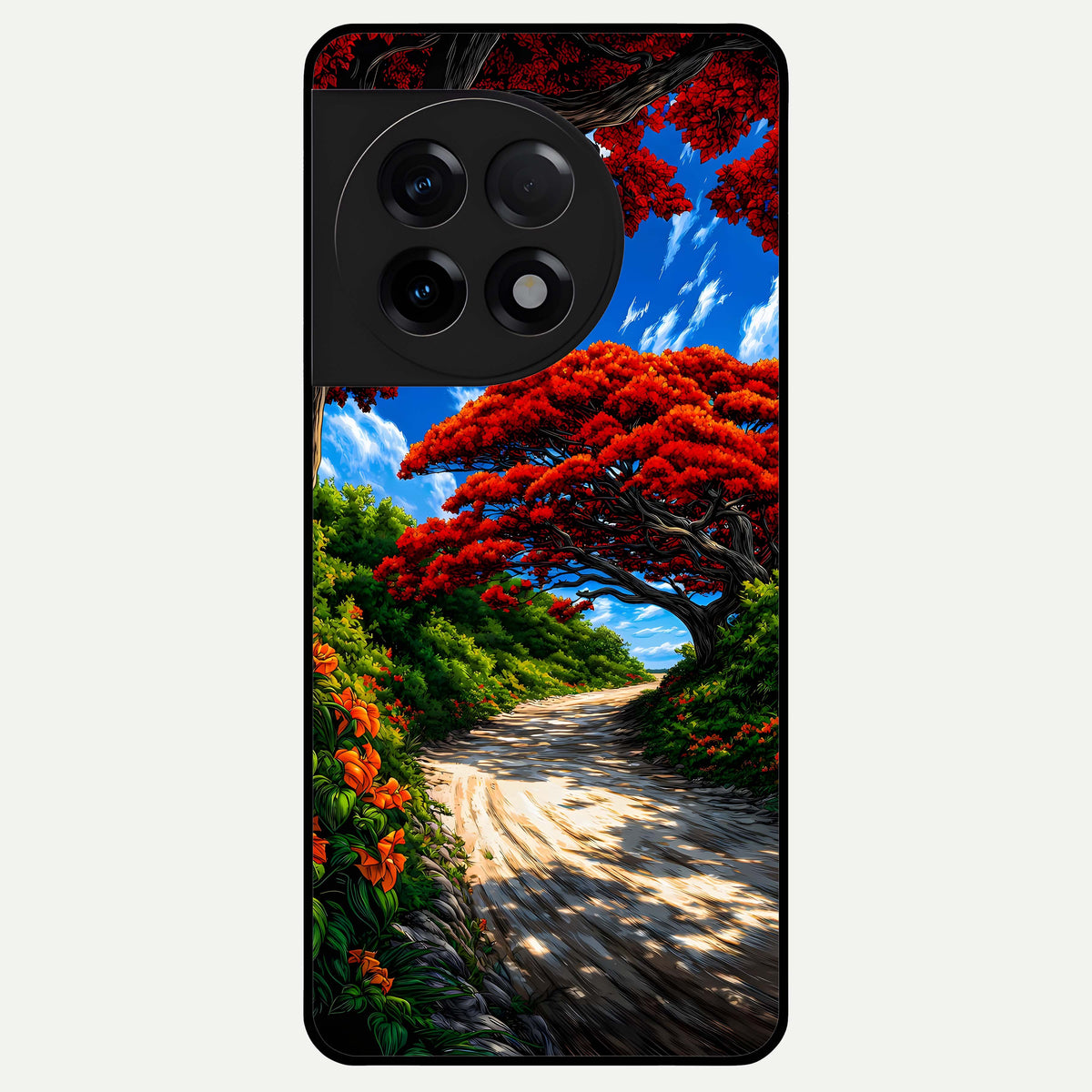  Red Trees Pathway Glass Case For OnePlus 11R back cover – full design glossy printed glass finish