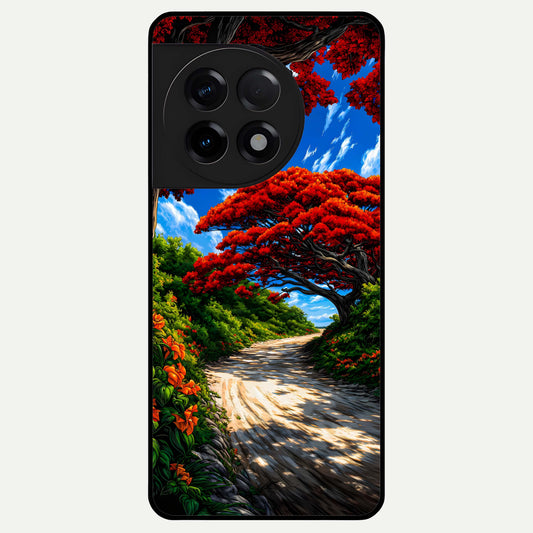  Red Trees Pathway Glass Case For OnePlus 11R back cover – full design glossy printed glass finish