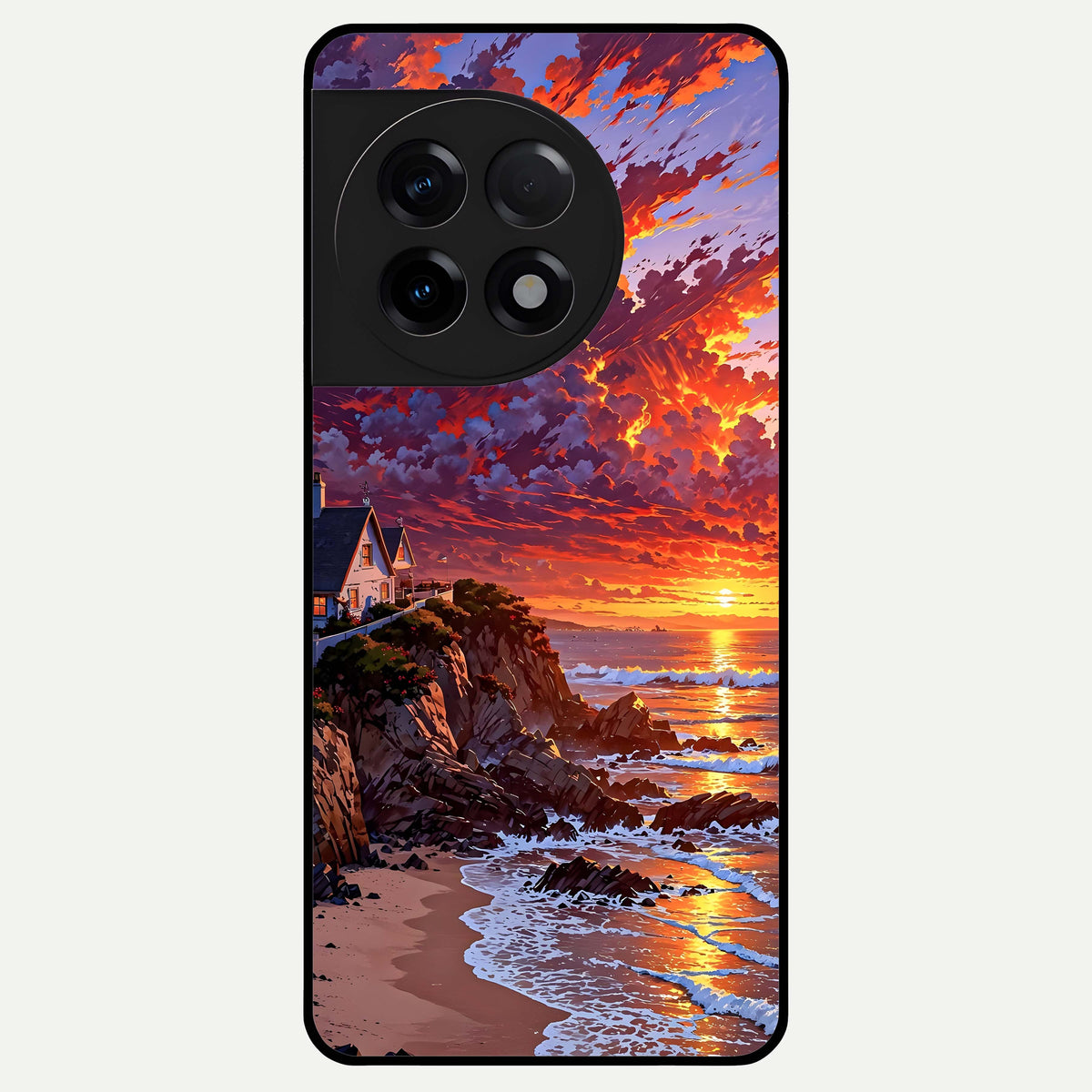  Sunset House By Sea Glass Case For OnePlus 11R back cover – full design glossy printed glass finish