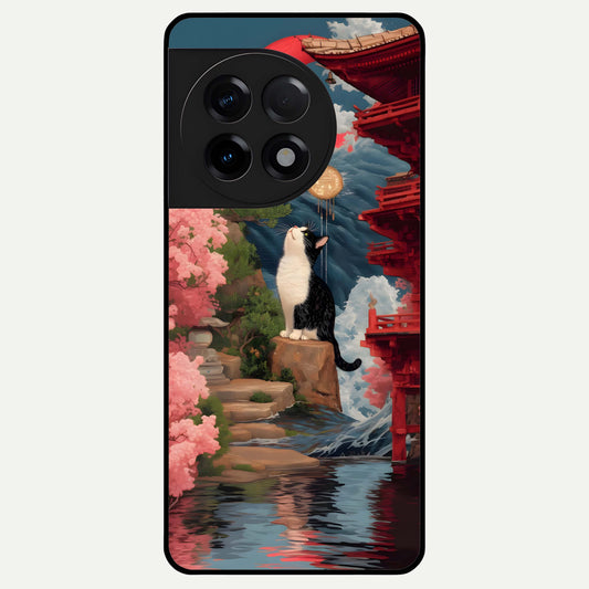  Temple Cat Scenery Glass Case For OnePlus 11R back cover – full design glossy printed glass finish