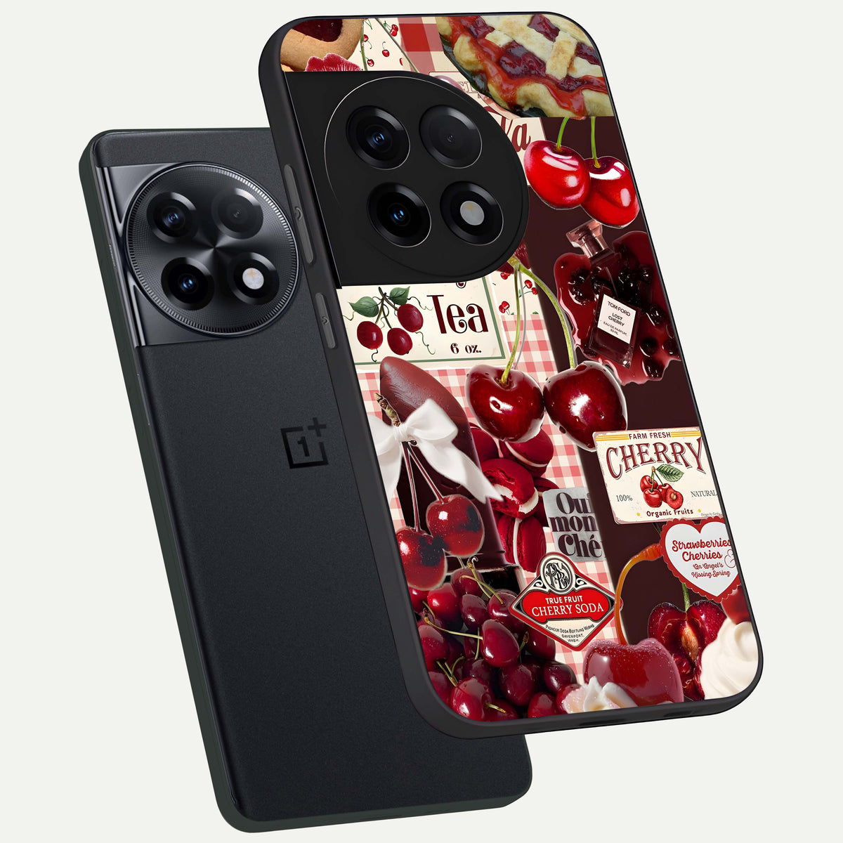  Aesthetic Cherry Tea phone case For OnePlus 11R showing premium glass back cover with detailed artwork