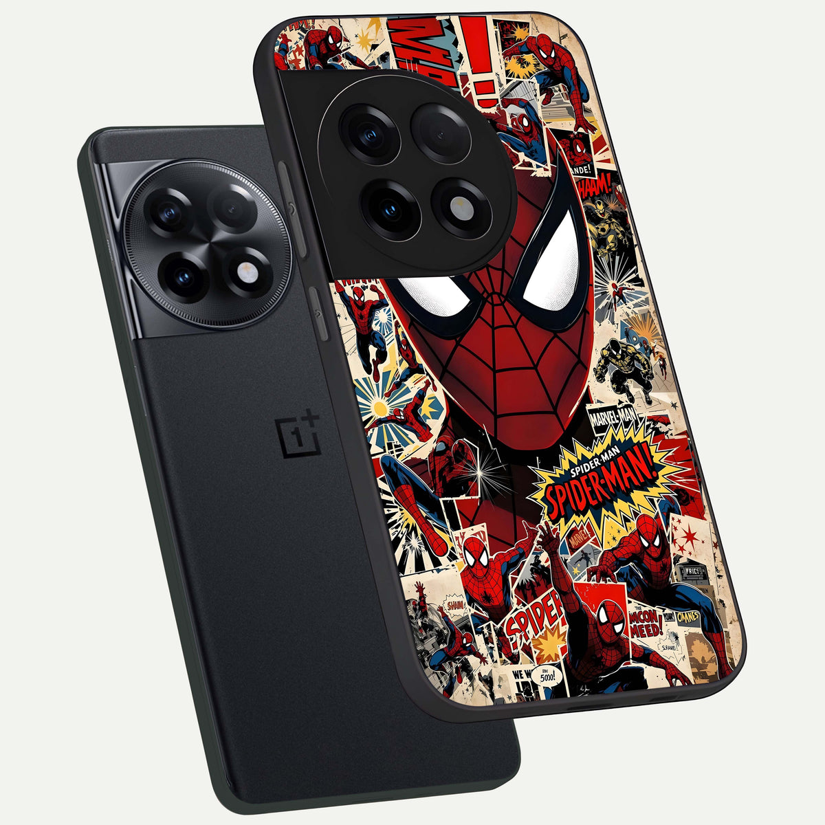  Aesthetic Wonder Spider phone case For OnePlus 11R showing premium glass back cover with detailed artwork