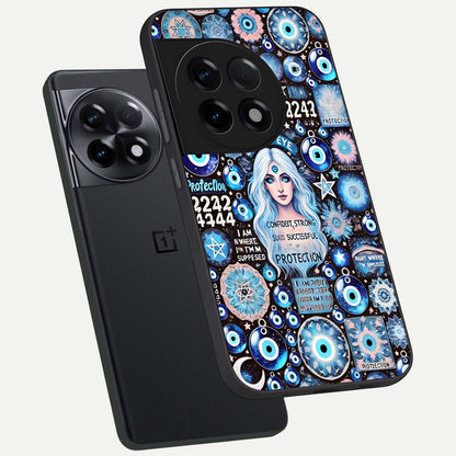  Angel Aura Shield phone case For OnePlus 11R showing premium glass back cover with detailed artwork