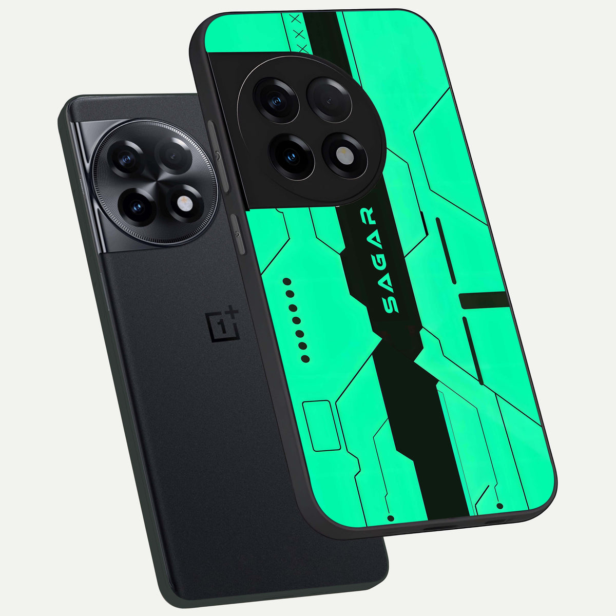  Aqua Tech CYBERPUNK Custom Name phone case For OnePlus 11R showing premium glass back cover with detailed artwork