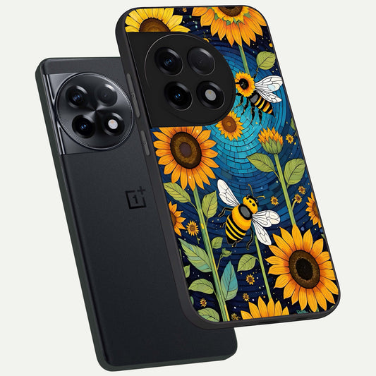 Bees And Sunflowers phone case For OnePlus 11R showing premium glass back cover with detailed artwork