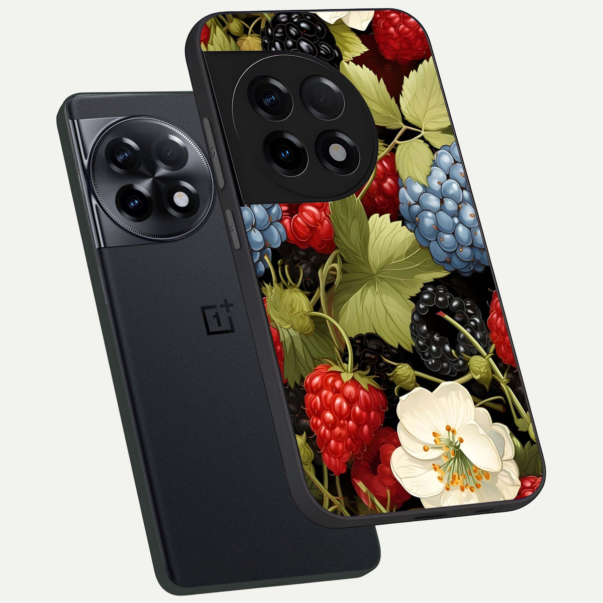  Berry Bloom Charm phone case For OnePlus 11R showing premium glass back cover with detailed artwork