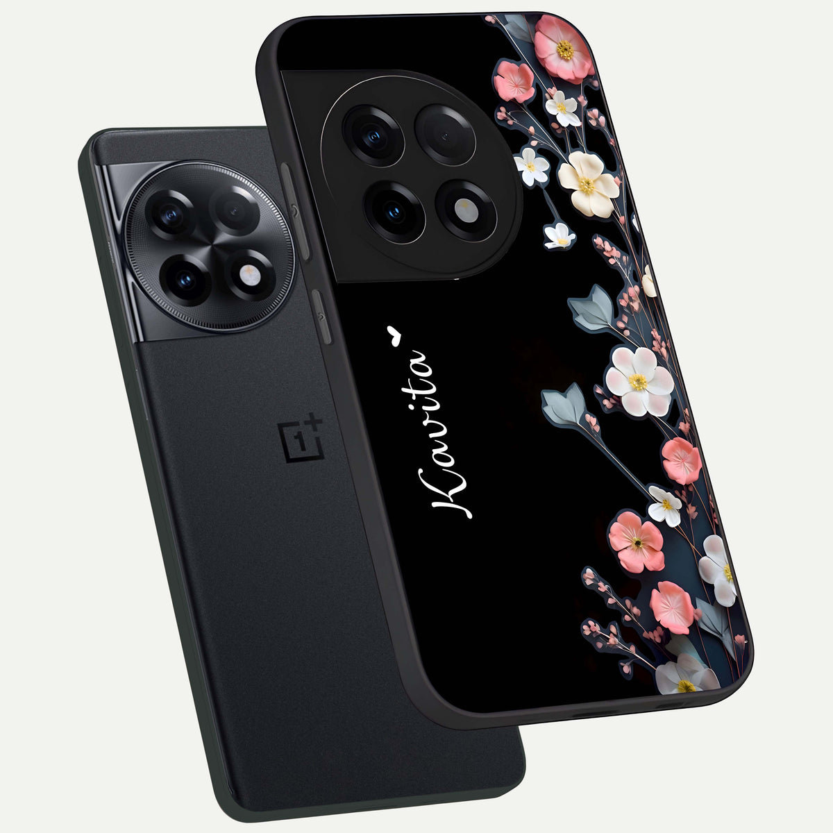  Black Elegance Floral Custom Name phone case For OnePlus 11R showing premium glass back cover with detailed artwork