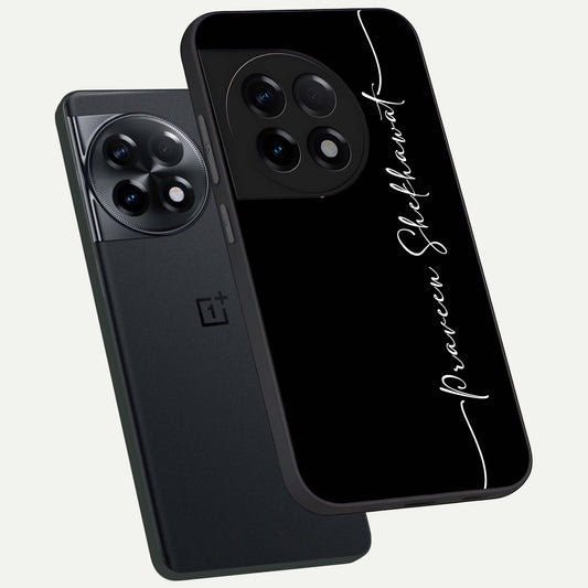  Black Tune Custom Name phone case For OnePlus 11R showing premium glass back cover with detailed artwork
