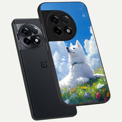  Blissful Cloud Pup phone case For OnePlus 11R showing premium glass back cover with detailed artwork