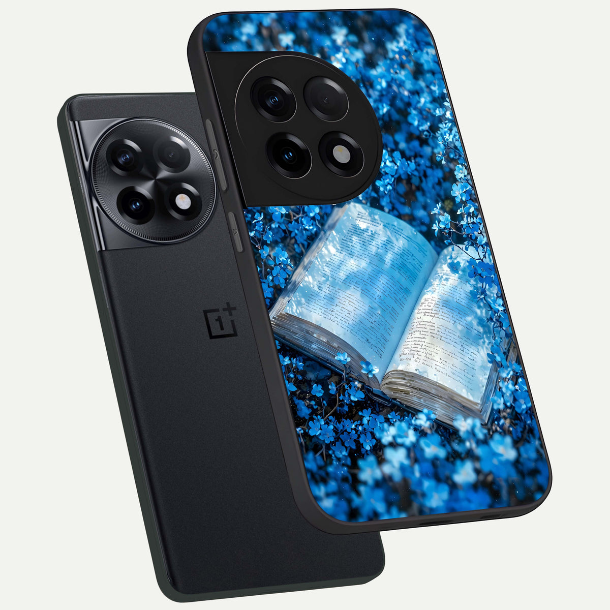  Blue Bloom Tales phone case For OnePlus 11R showing premium glass back cover with detailed artwork