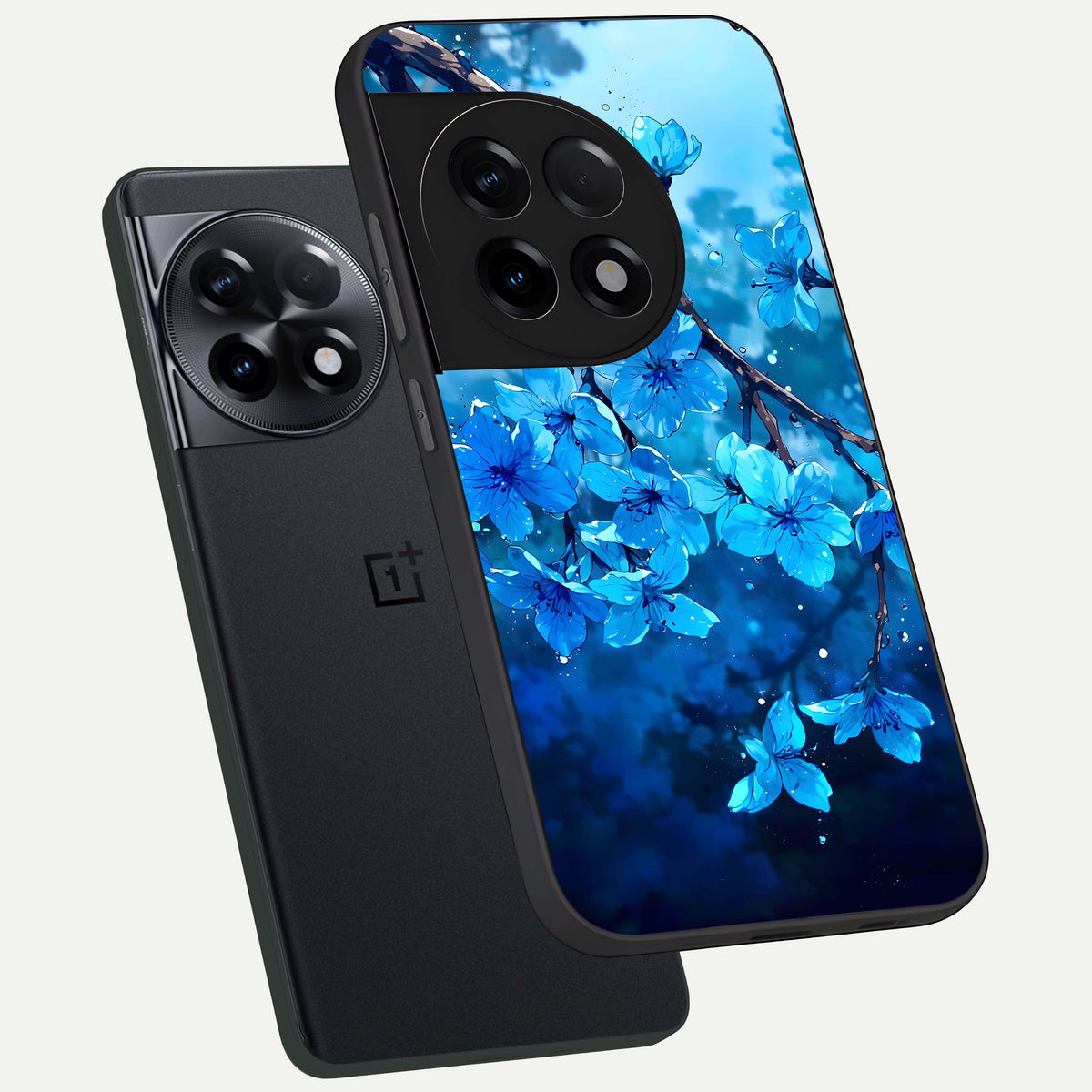  Blue Blossoms Branch phone case For OnePlus 11R showing premium glass back cover with detailed artwork